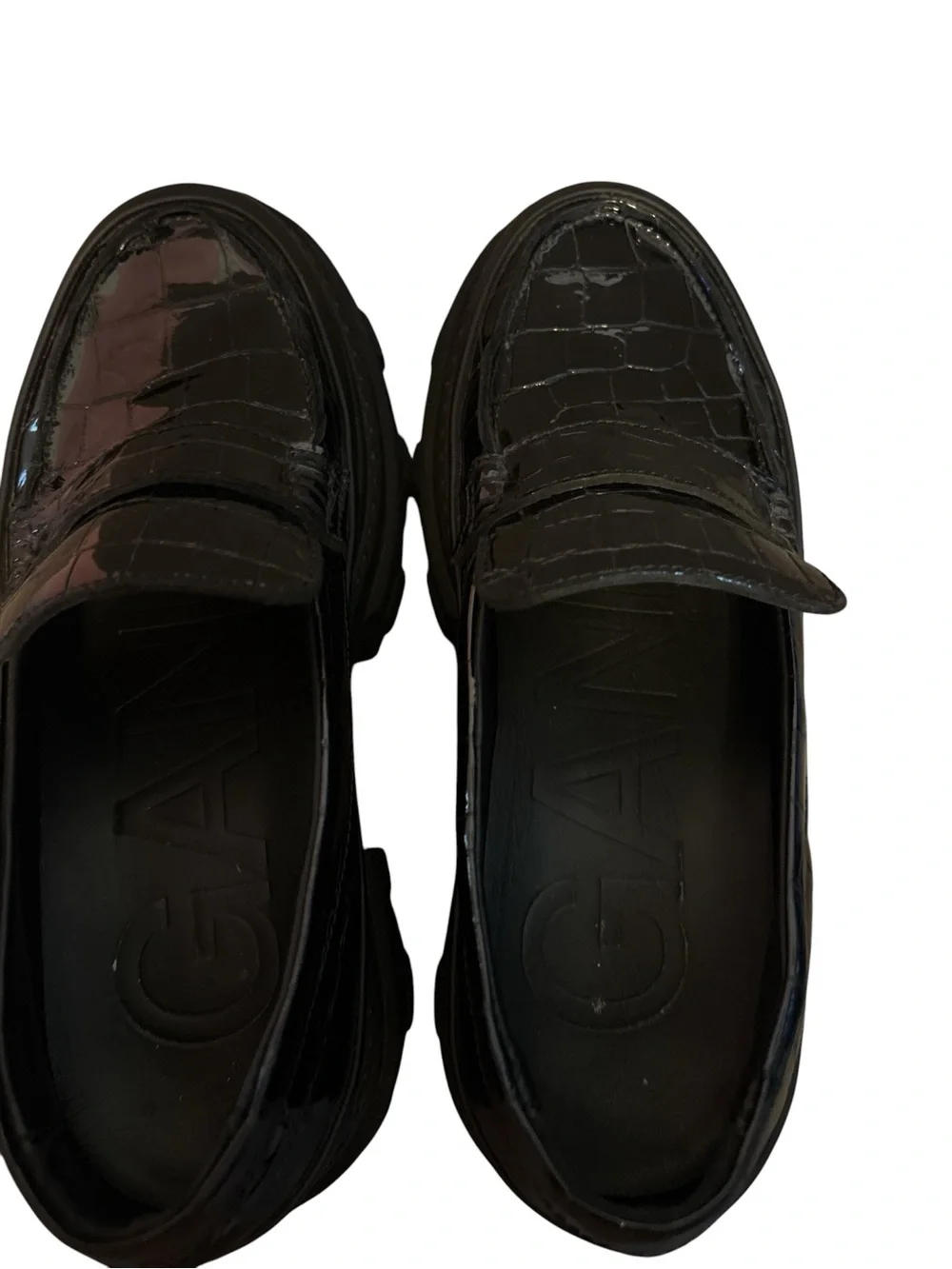 GANNI Chunky Platform Croc-Embossed Loafers in Black EU 36